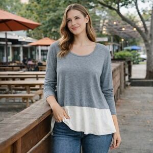Gap Mixed Media Peplum Top Womens Gray White‎ Long Sleeve Scoop Neck Layered Med